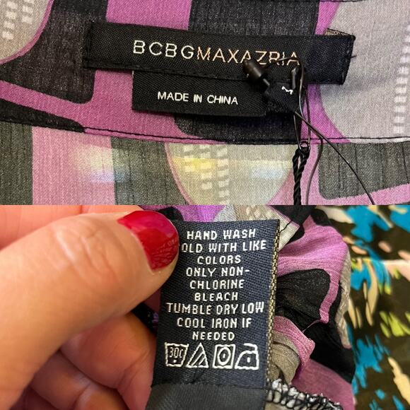 BCBGMAXAZRIA Chiffon Top V-Neck Abstract Pink Black Short Sleeves Neck Tie NWT - Picture 4 of 7